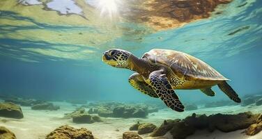 Photo of Sea turtle in the Galapagos island. Generative AI