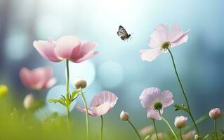 Fresco primavera Mañana en naturaleza y revoloteando mariposas en un suave verde antecedentes. generativo ai foto