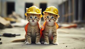 dos gatitos vistiendo difícil sombreros en un construcción sitio. generativo ai foto