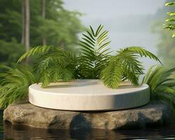 Stone product display podium for cosmetic product with green nature garden background. Generative AI photo