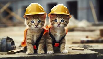 Two kittens wearing hard hats on a construction site. Generative AI photo