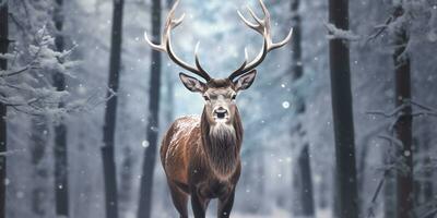 Noble deer male in the winter snow forest. Artistic winter Christmas landscape. AI Generated photo