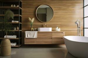 interior de elegante baño con de madera gabinete, hundir, bañera, y espejo. ai generado foto