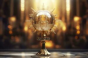 The golden monstrance with a little transparent crystal center, consecrated host. church defocused background. AI Generative photo