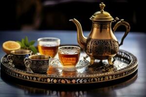 Traditional Moroccan tea set with decorative teapots, glasses, and mint leaves. Generative AI photo