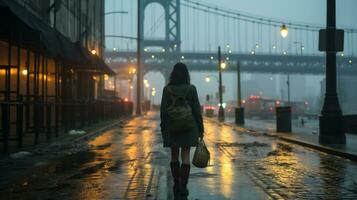 a woman is walking down a wet street in the rain generative ai photo