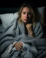 a woman is wrapped in a blanket in bed generative ai photo