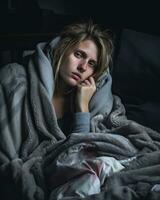 a woman is wrapped up in a blanket in bed generative ai photo