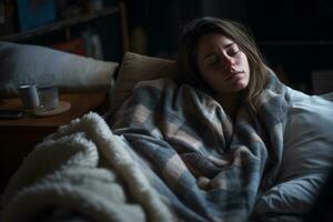 a woman is wrapped up in a blanket in bed generative ai photo