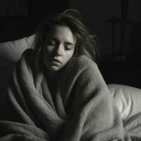 a woman is wrapped up in a blanket on a bed generative ai photo