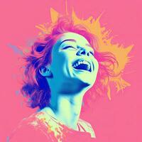 a woman laughing in front of a colorful background generative ai photo