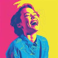 a woman laughing in front of a colorful background generative ai photo