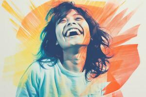 a woman laughing in front of a colorful background generative ai photo