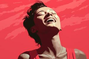 a woman laughing with her eyes closed in front of a red background generative ai photo