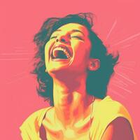 a woman laughing with her mouth open on a pink background generative ai photo