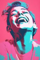 a woman laughing in front of a pink and blue background generative ai photo