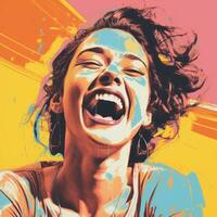 a woman laughing with her mouth open on a colorful background generative ai photo