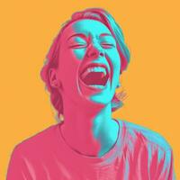 a woman laughing with her mouth open on an orange background generative ai photo