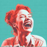 a woman laughing with her mouth open on a blue background generative ai photo