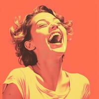 a woman laughing with her mouth open on an orange background generative ai photo
