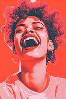 a woman laughing with her mouth open on a red background generative ai photo