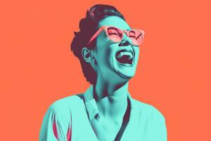 a woman laughing with sunglasses on an orange background generative ai photo
