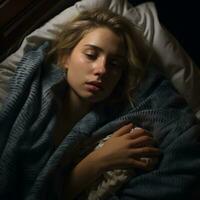 a woman laying in bed with her eyes closed generative ai photo