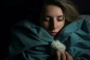 un mujer tendido en cama con un pom pom en su mano generativo ai foto