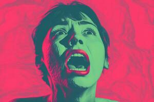 a woman screaming in front of a pink and green background generative ai photo