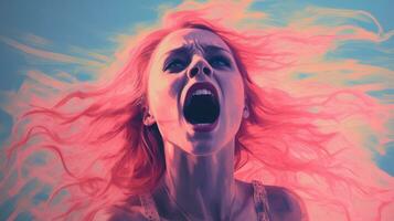 a woman screaming with her mouth open in front of a blue background generative ai photo