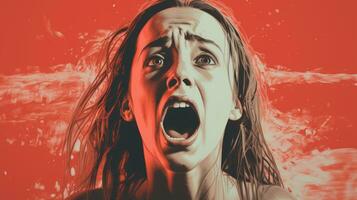 a woman screaming with her mouth open in front of a red background generative ai photo