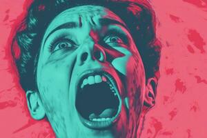 a woman screaming with her mouth open in front of a pink and blue background generative ai photo