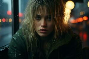 a woman sitting on a bus in the rain generative ai photo