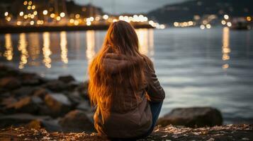 a woman sitting on a rock by the water at night generative ai photo