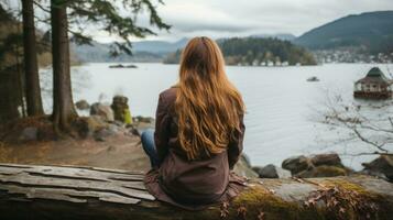 a woman sitting on a log overlooking a lake generative ai photo