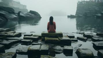 a woman sitting on a rock in front of a body of water generative ai photo