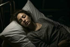 a woman sleeping in a hospital bed at night generative ai photo