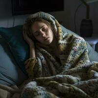 a woman sleeping in bed with a blanket over her head generative ai photo