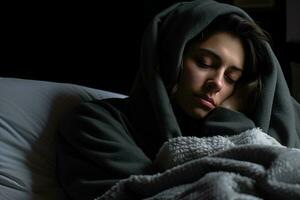 a woman sleeping in bed with a blanket over her head generative ai photo