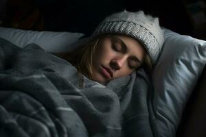 a woman sleeping in bed with a hat on generative ai photo