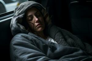 a woman sleeping in the back seat of a car generative ai photo