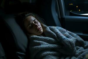 a woman sleeping in the back seat of a car at night generative ai photo