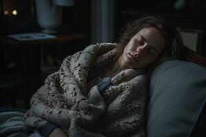 a woman sleeping on a couch in front of a fireplace generative ai photo