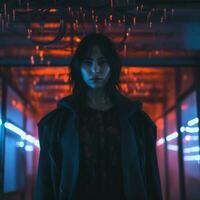 un mujer en pie en un oscuro habitación con neón luces generativo ai foto