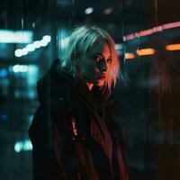 a woman standing in front of a building at night generative ai photo