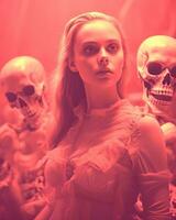 a woman standing in front of a group of skeletons generative ai photo
