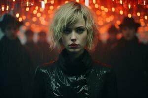 a woman standing in front of a group of people with red lights generative ai photo