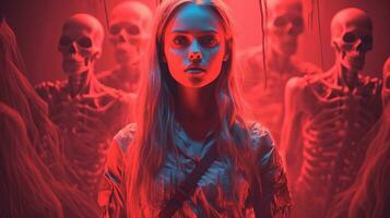 a woman standing in front of a group of skeletons generative ai photo