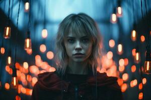 a woman standing in front of a string of light bulbs generative ai photo