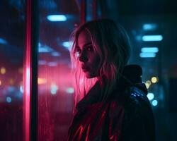 a woman standing in front of a window at night with neon lights generative ai photo